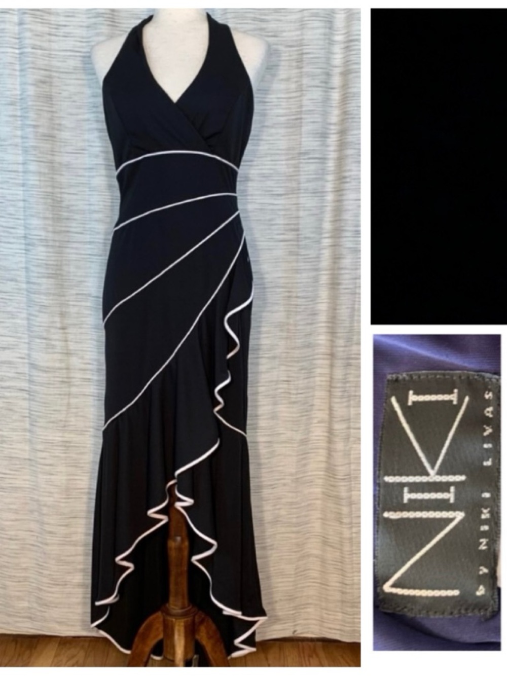 Niki by Niki Livas Black High-Low Halter Dress with White Trim.
